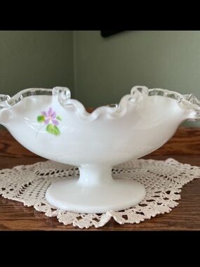 Vintage Fenton Silver Crest ruffled footed bowl "Violets in the Snow" pattern